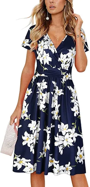 New OUGES Womens Summer Dress Short Sleeve V Neck Casual Floral Wrap Dress with Pockets, Navy Floral Sz XXL!