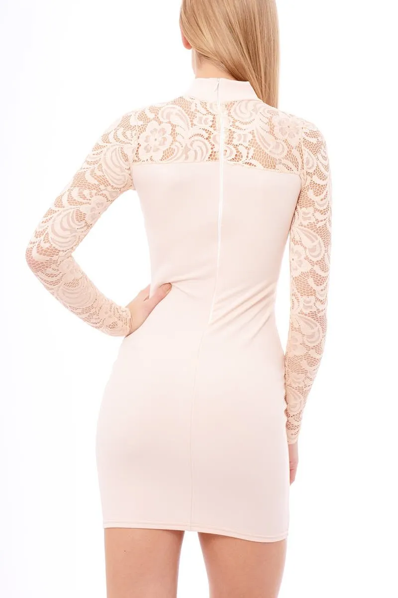 Nude Lace Cut Out Choker Bodycon Dress - Effie