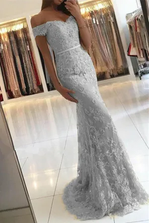 Off The Shoulder Lace Mermaid Sweetheart Floor Length Sleeveless Long Tulle Prom Dress OHC268