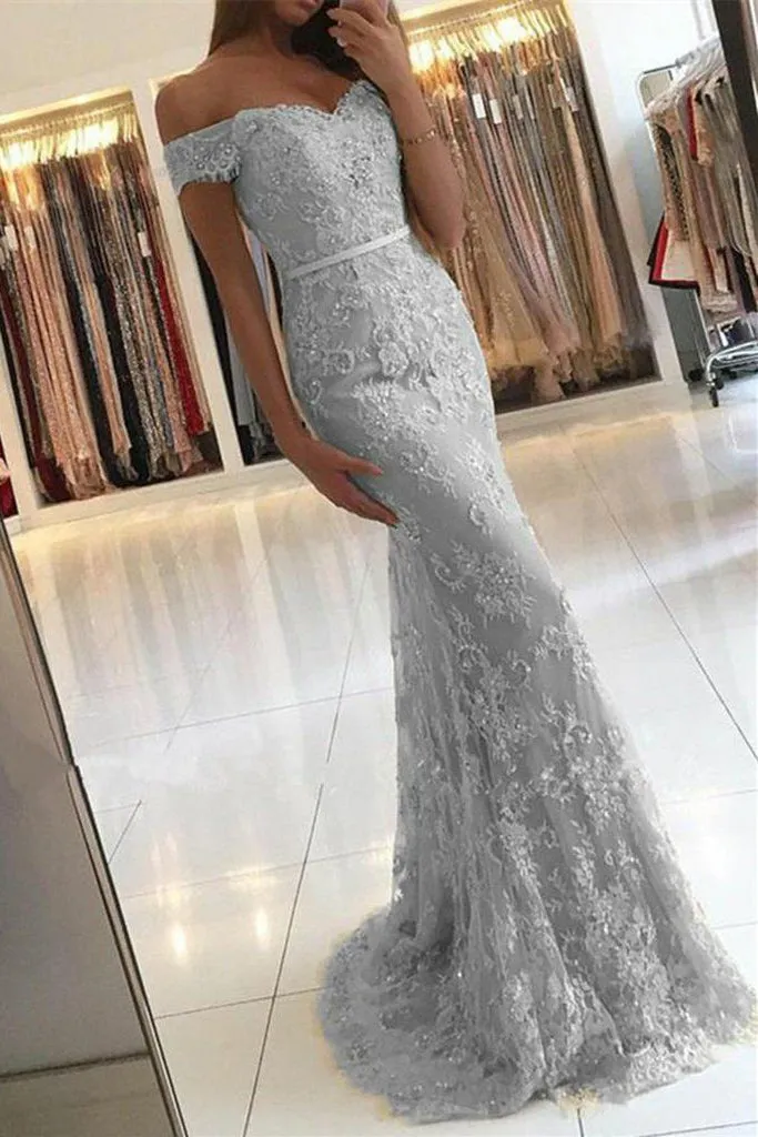 Off The Shoulder Lace Mermaid Sweetheart Floor Length Sleeveless Long Tulle Prom Dress OHC268