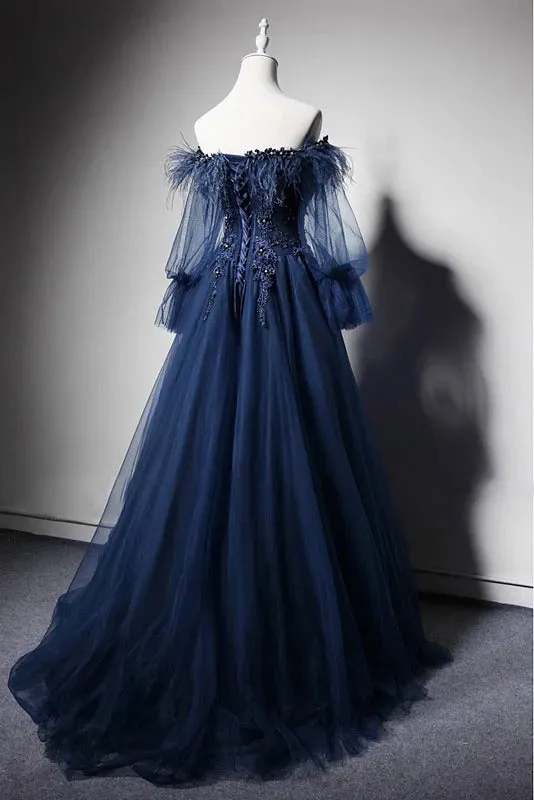 Off the Shoulder Long Sleeve Navy Prom Dress A Line Long Prom Evening Dress CAP51239