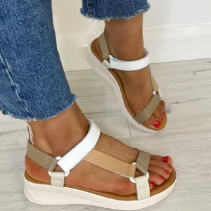 Oh My Sandals Velcro Strap Leather Sandals - Taupe Multi