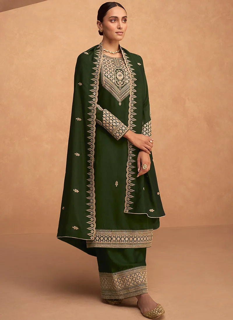 Olive Green Embroidery Silk Festive Palazzo Suit