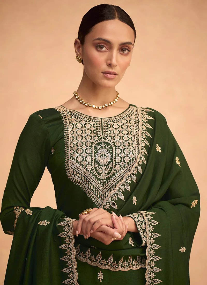 Olive Green Embroidery Silk Festive Palazzo Suit