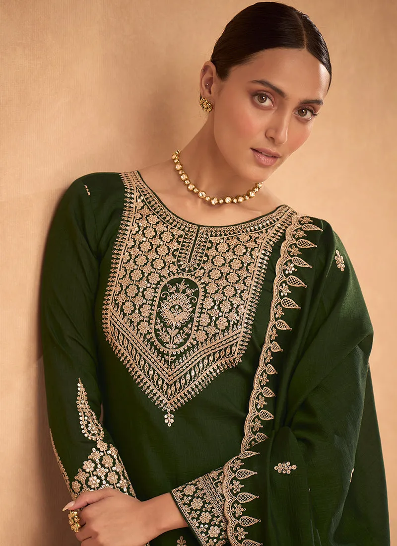 Olive Green Embroidery Silk Festive Palazzo Suit