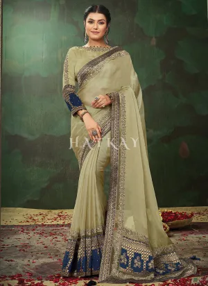 Olive Green Embroidery Traditional Tissue Silk Saree