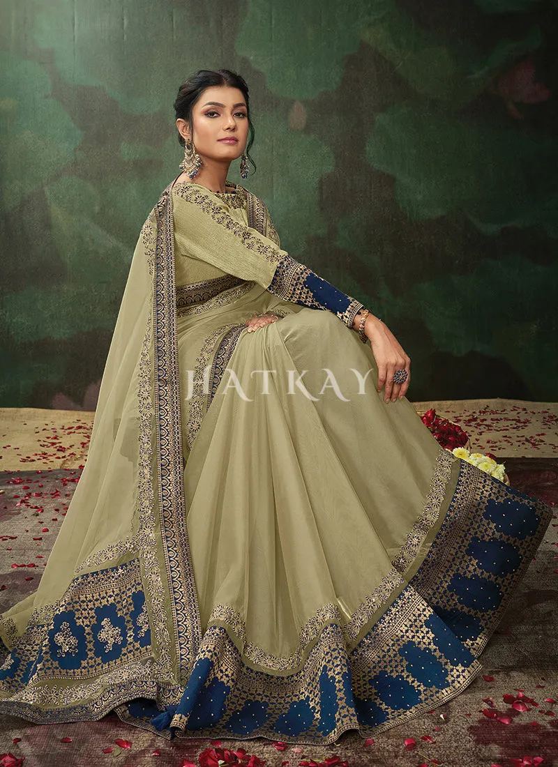 Olive Green Embroidery Traditional Tissue Silk Saree