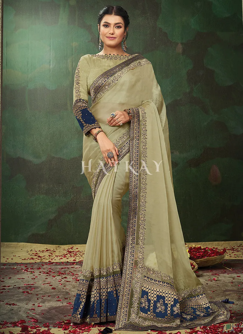 Olive Green Embroidery Traditional Tissue Silk Saree