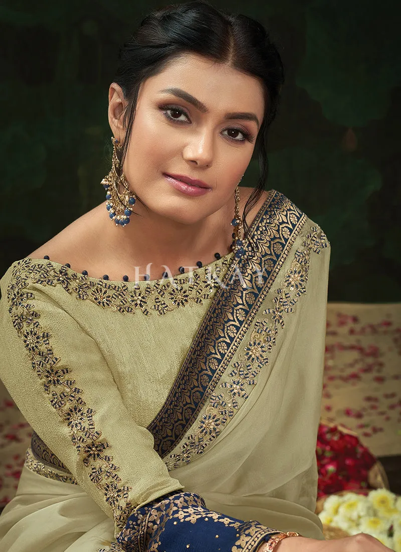Olive Green Embroidery Traditional Tissue Silk Saree