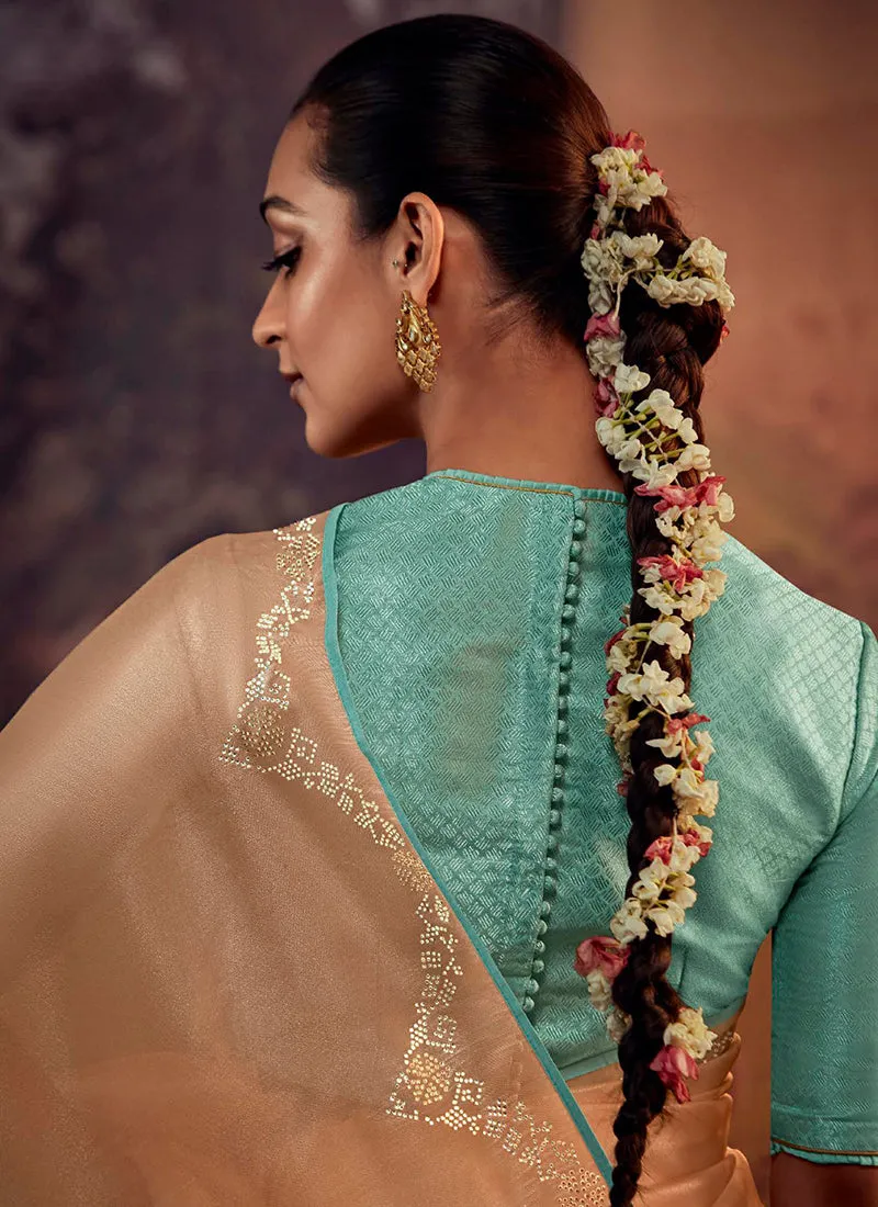 Orange And Teal Embroidered Organza Silk Saree