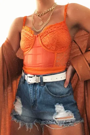 Orange Lace Mesh Stripe Cup Detail Bodysuit - India