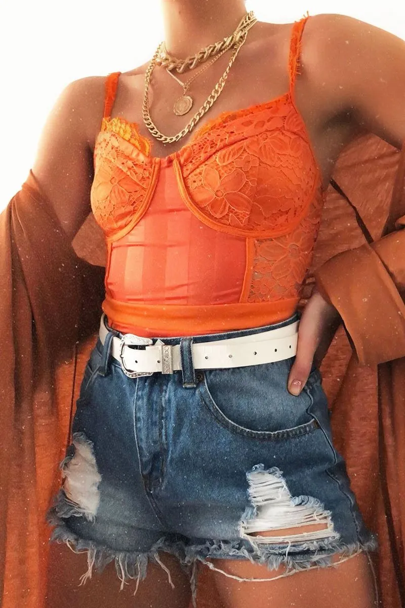 Orange Lace Mesh Stripe Cup Detail Bodysuit - India