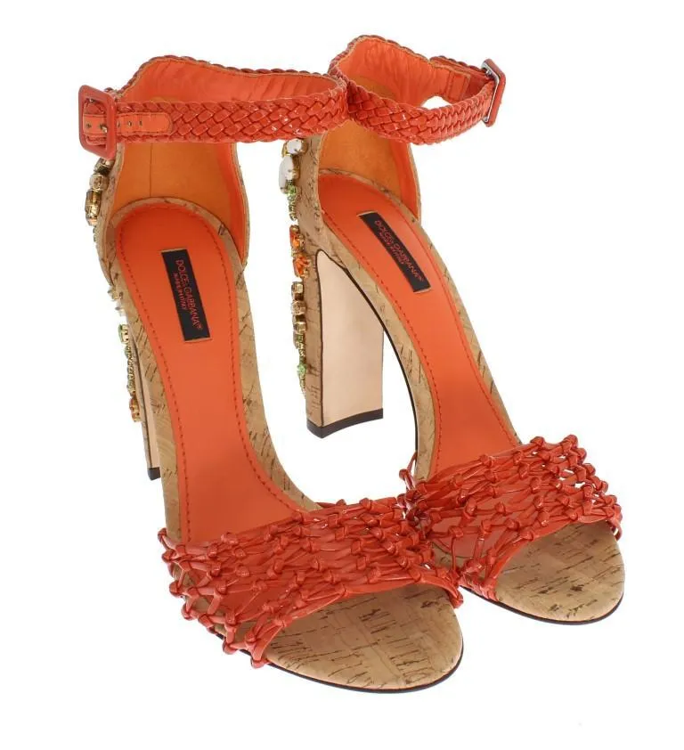 Orange Leather Cork Crystal Shoes