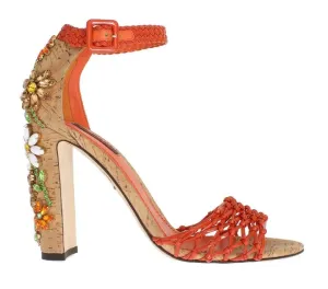 Orange Leather Cork Crystal Shoes