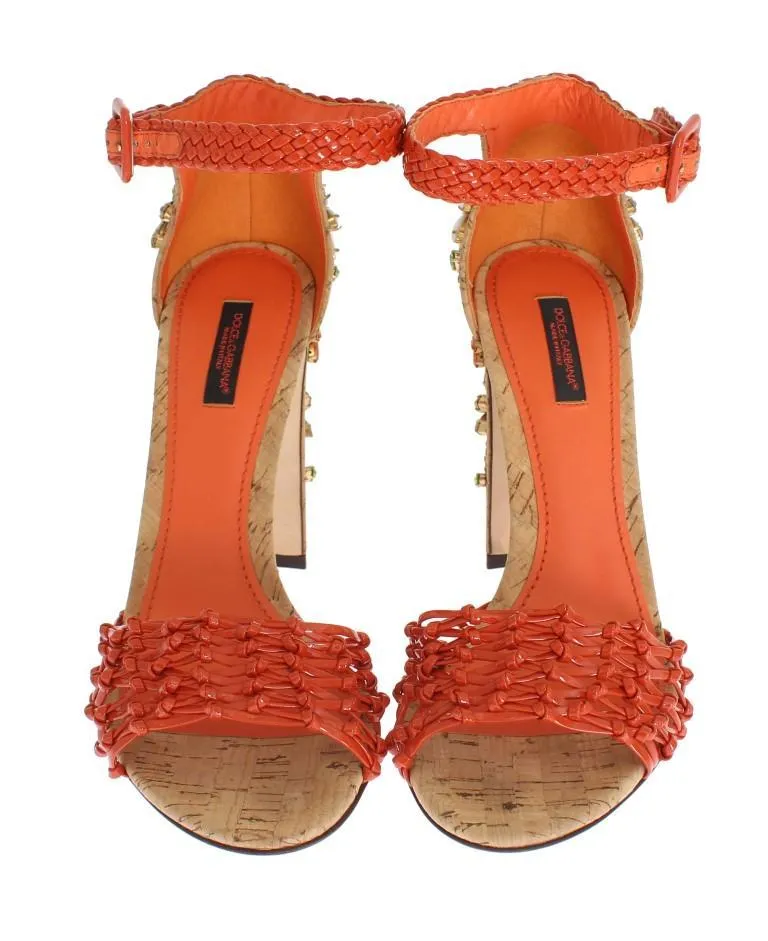 Orange Leather Cork Crystal Shoes