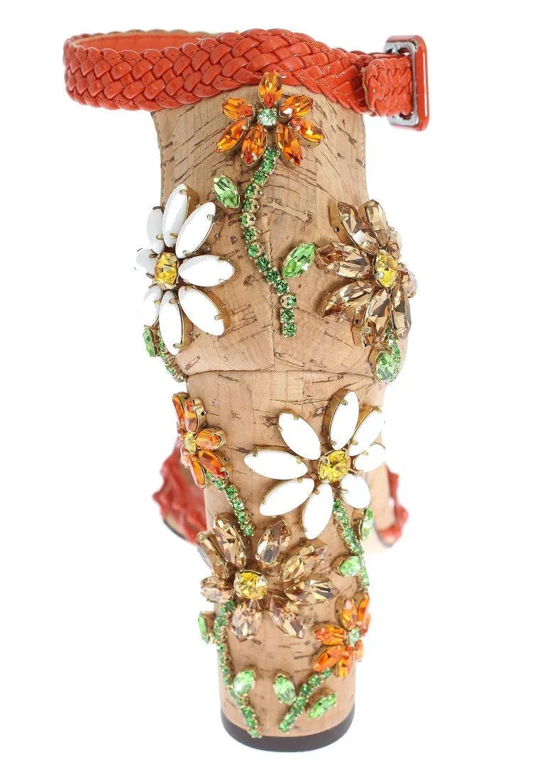 Orange Leather Cork Crystal Shoes