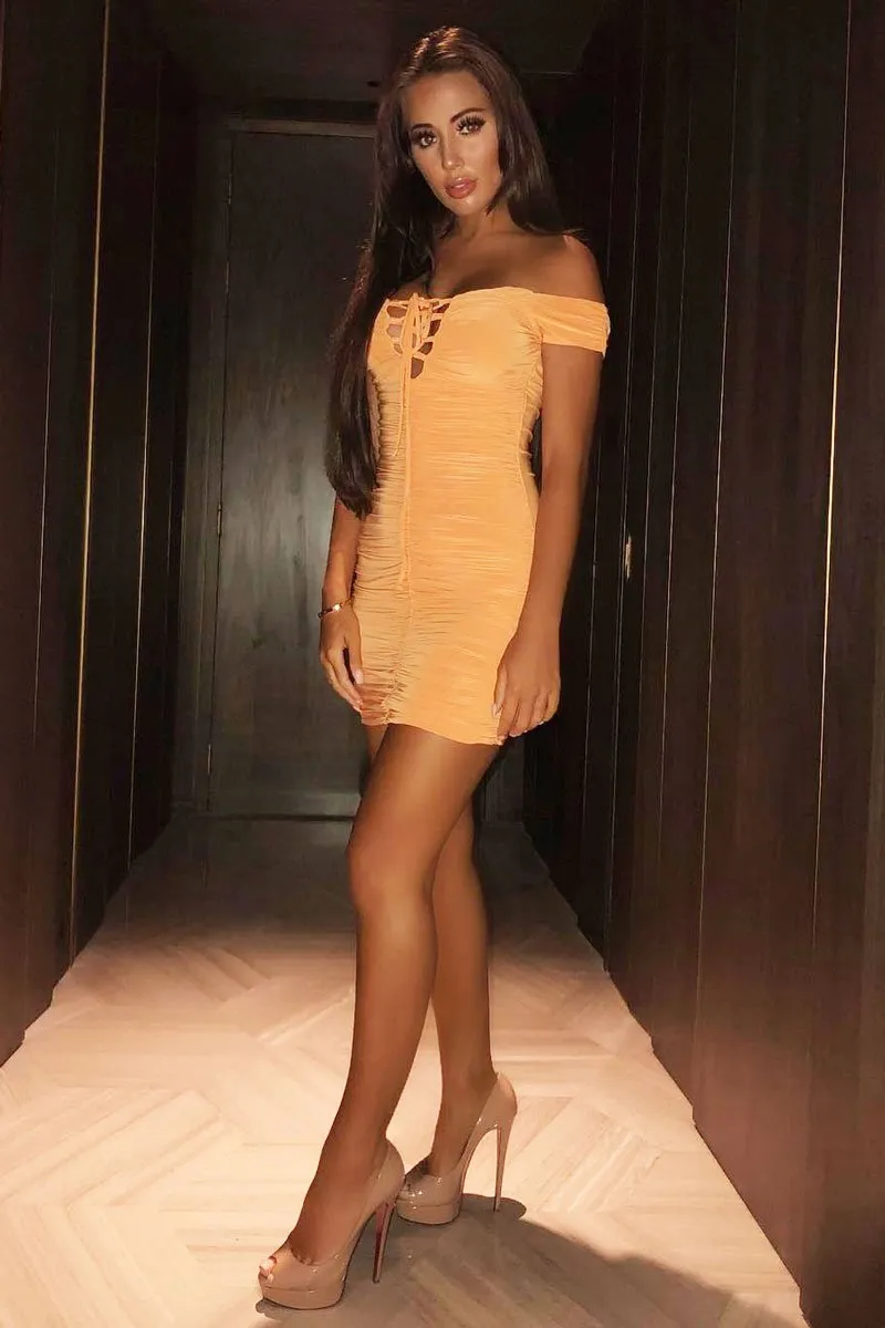 Orange Ruched Slinky Lace Up Dress - Rosina