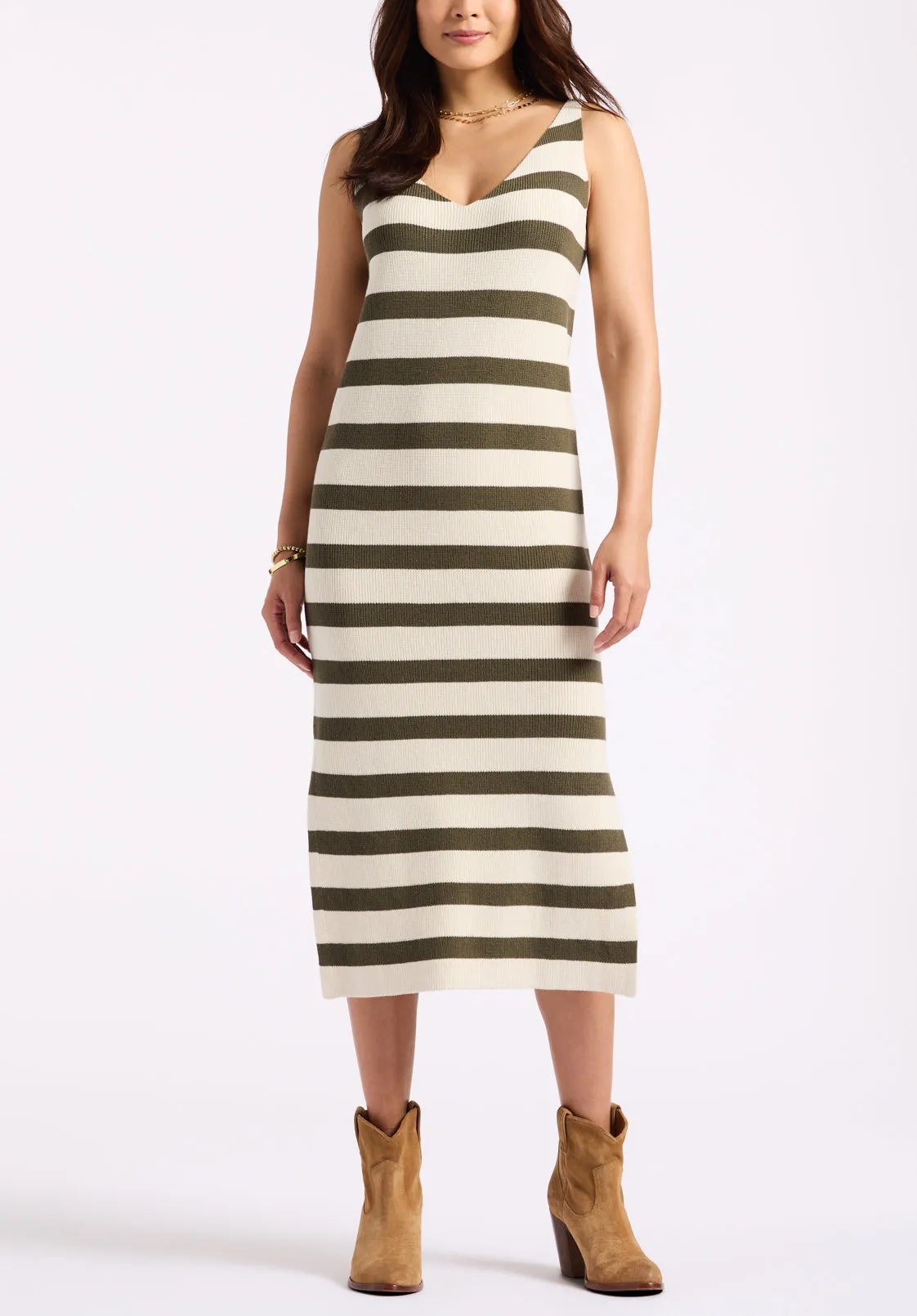 Orindella Women's Sleeveless Striped Knit Midi Dress, Beige & Olive - SD0010P