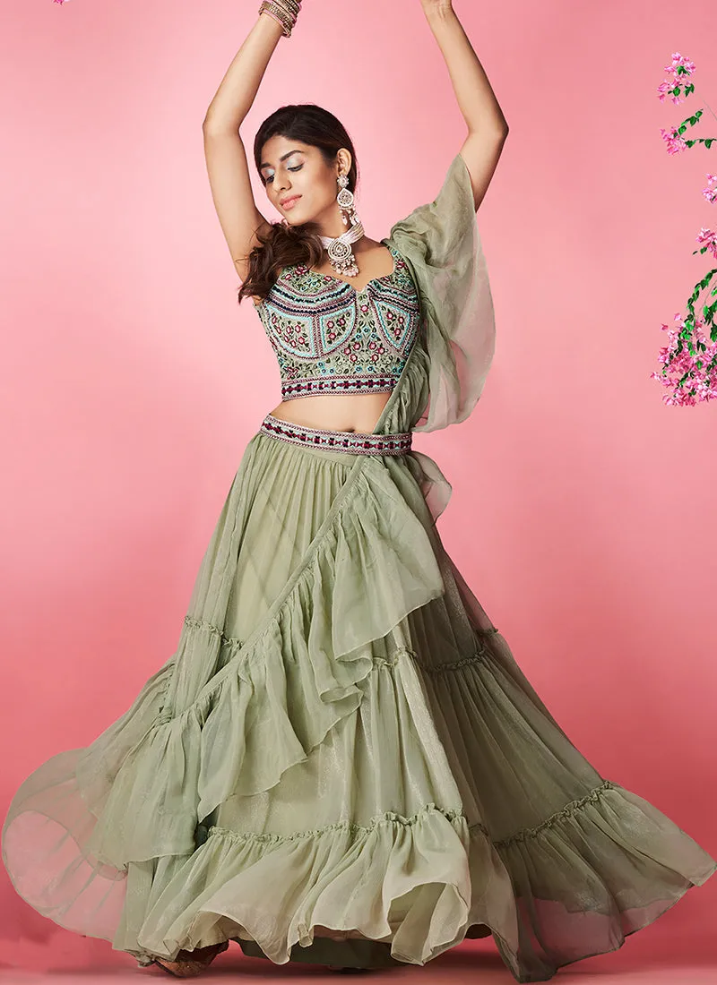 Pale Green Multi Embroidered Wedding Lehenga Choli