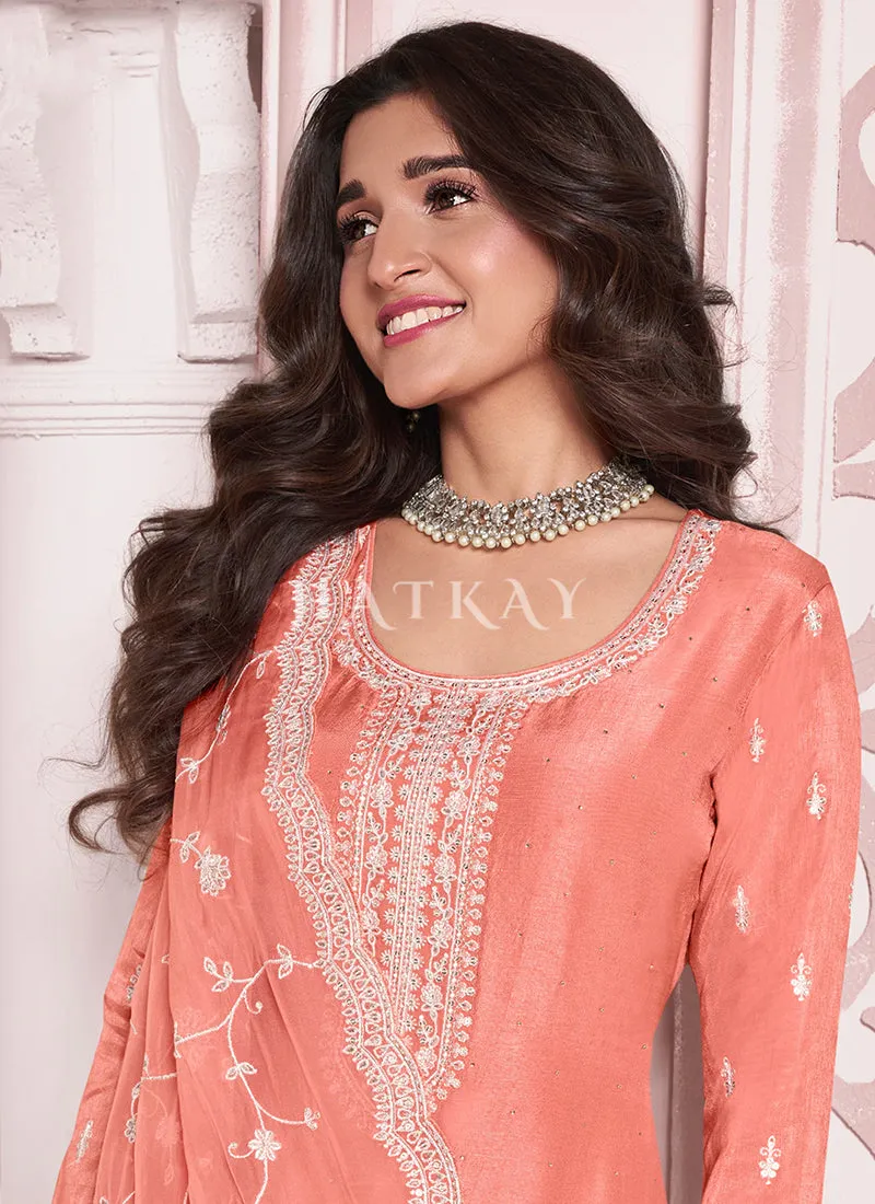 Pastel Orange Thread Embroidery Pakistani Suit