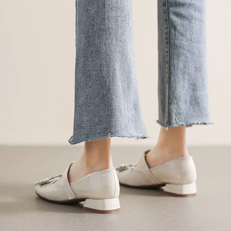 Patent Leather Mary Jane Shoes with Thick Heel and Square Buckle