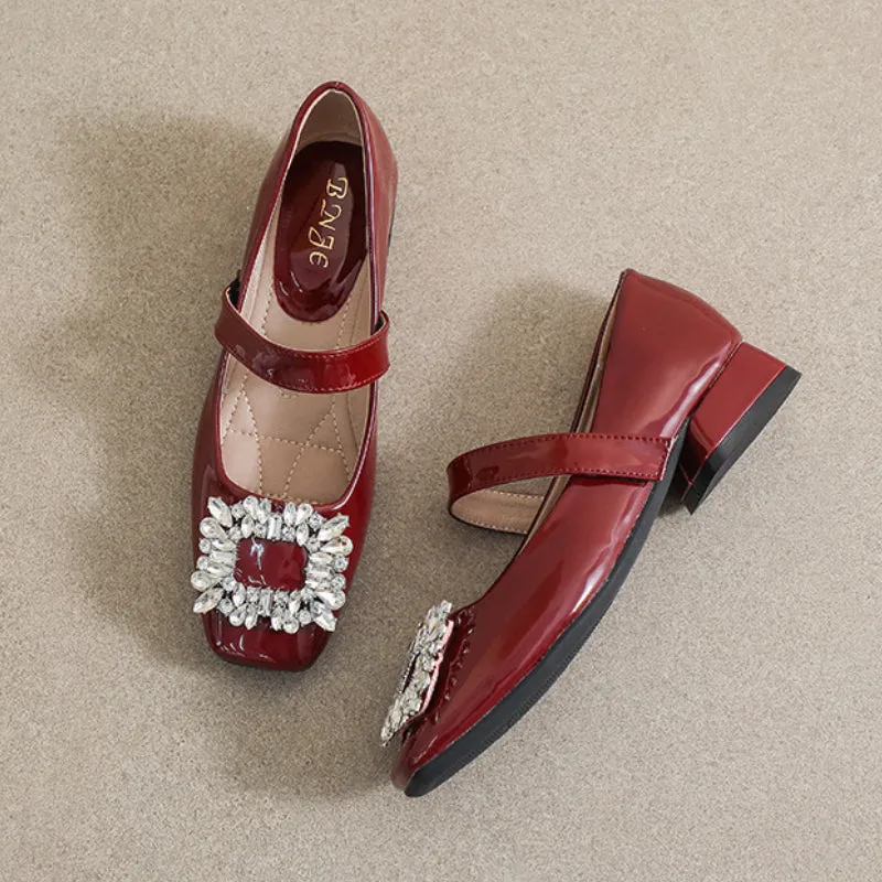 Patent Leather Mary Jane Shoes with Thick Heel and Square Buckle