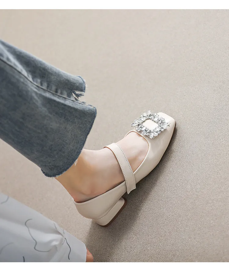 Patent Leather Mary Jane Shoes with Thick Heel and Square Buckle