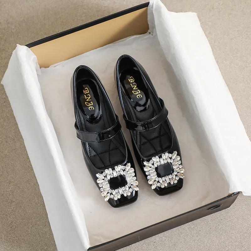 Patent Leather Mary Jane Shoes with Thick Heel and Square Buckle