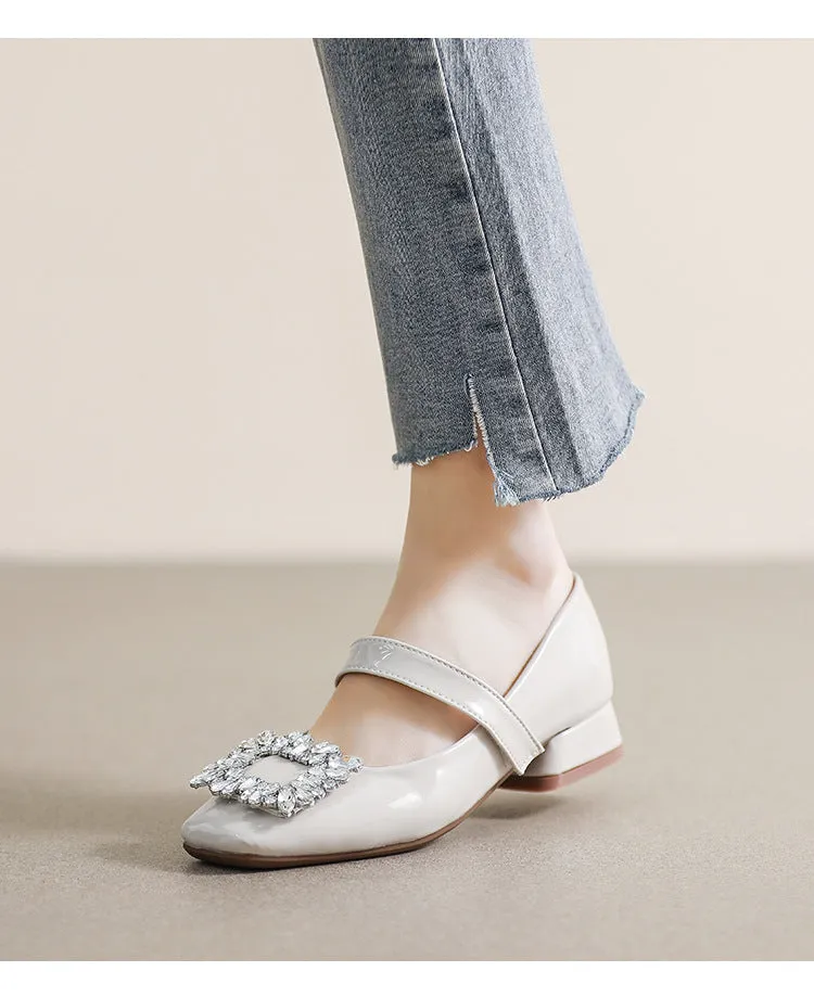 Patent Leather Mary Jane Shoes with Thick Heel and Square Buckle