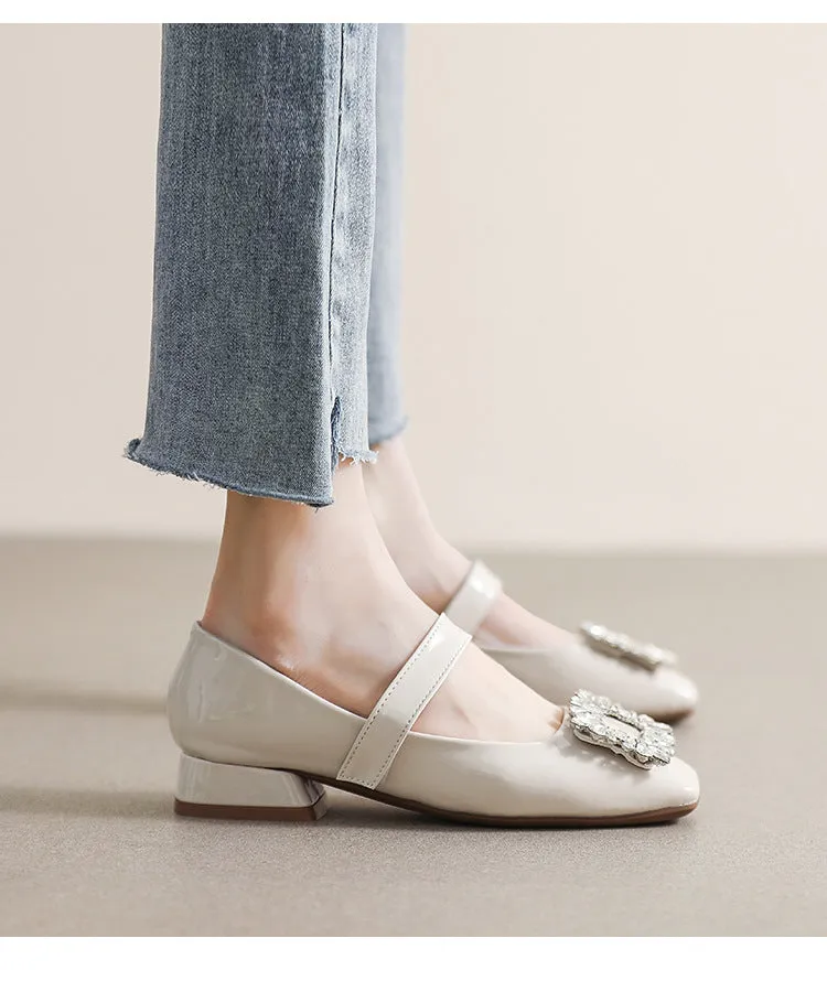 Patent Leather Mary Jane Shoes with Thick Heel and Square Buckle