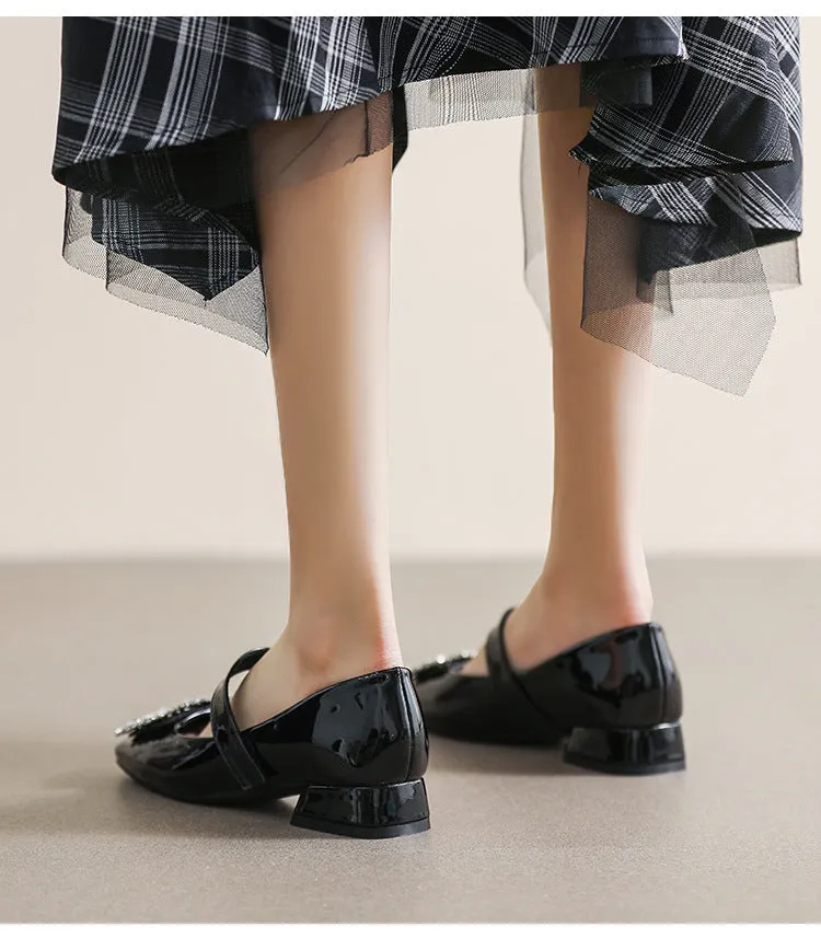 Patent Leather Mary Jane Shoes with Thick Heel and Square Buckle