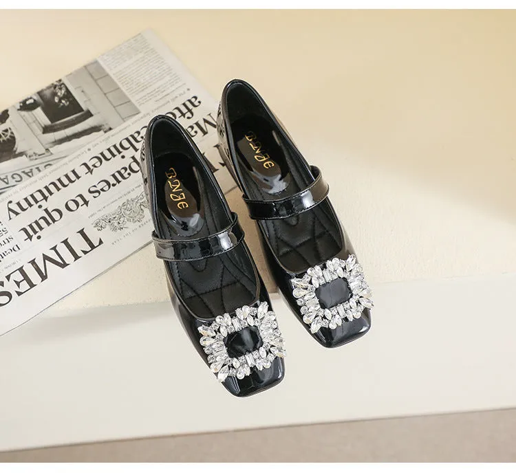 Patent Leather Mary Jane Shoes with Thick Heel and Square Buckle