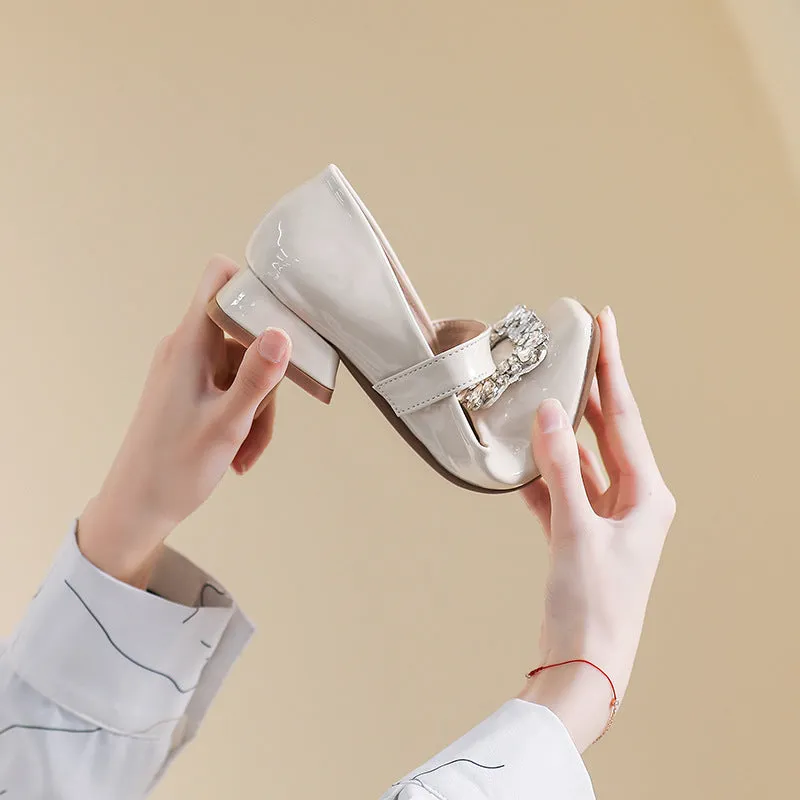 Patent Leather Mary Jane Shoes with Thick Heel and Square Buckle
