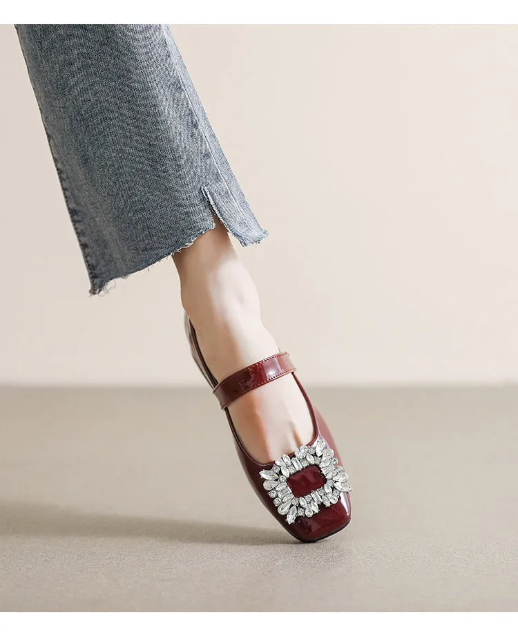 Patent Leather Mary Jane Shoes with Thick Heel and Square Buckle