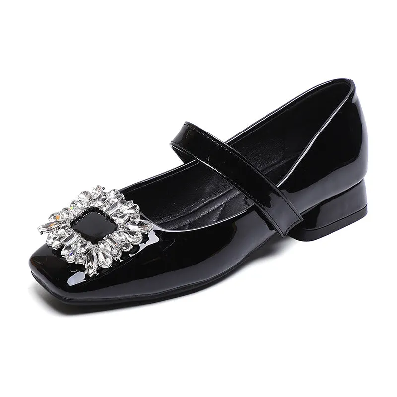 Patent Leather Mary Jane Shoes with Thick Heel and Square Buckle