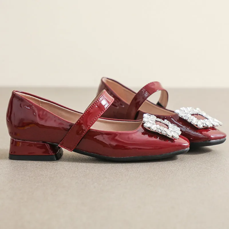 Patent Leather Mary Jane Shoes with Thick Heel and Square Buckle