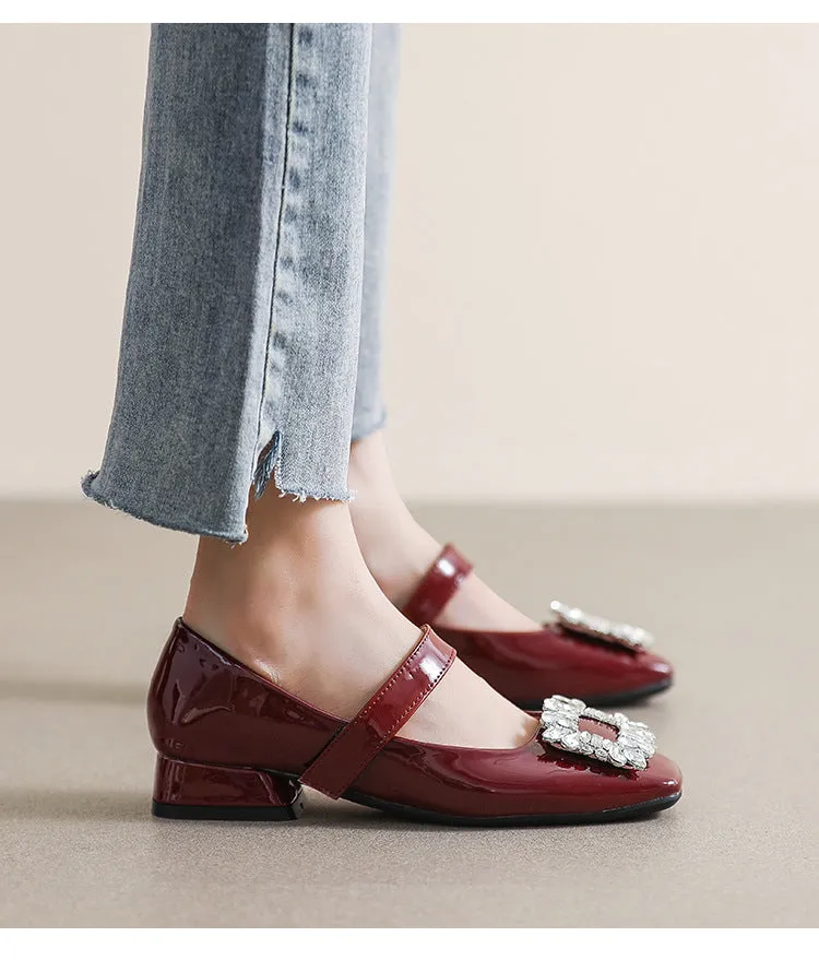Patent Leather Mary Jane Shoes with Thick Heel and Square Buckle