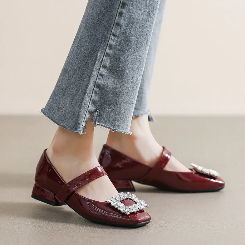Patent Leather Mary Jane Shoes with Thick Heel and Square Buckle