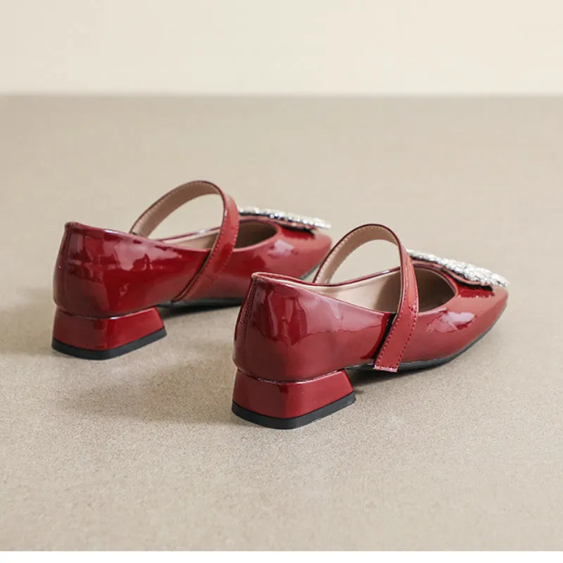 Patent Leather Mary Jane Shoes with Thick Heel and Square Buckle