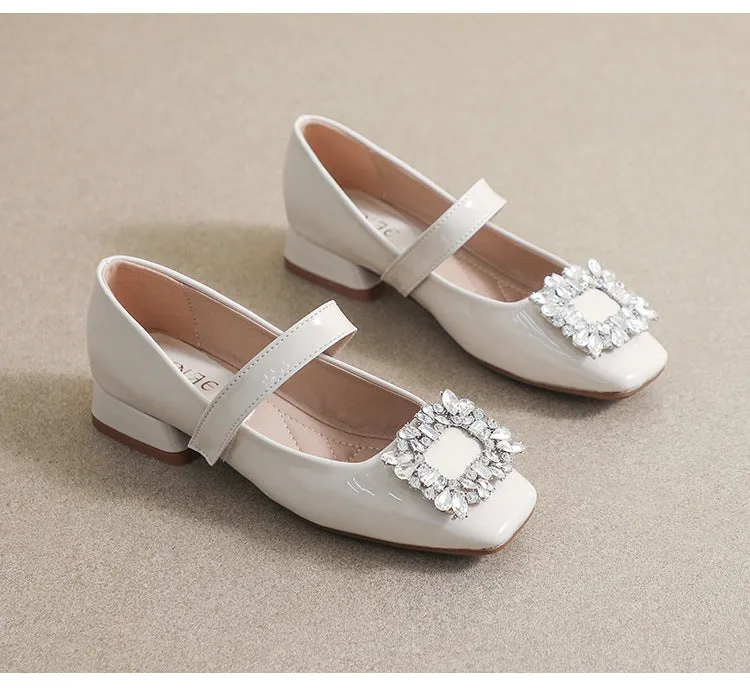 Patent Leather Mary Jane Shoes with Thick Heel and Square Buckle
