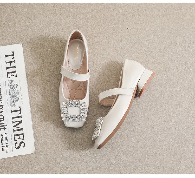 Patent Leather Mary Jane Shoes with Thick Heel and Square Buckle