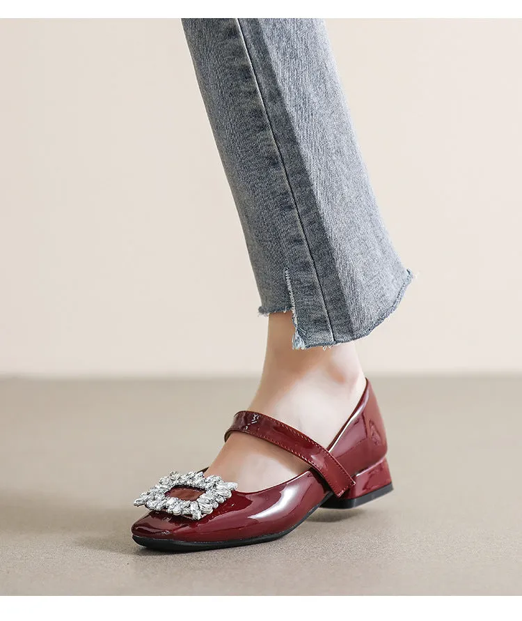 Patent Leather Mary Jane Shoes with Thick Heel and Square Buckle