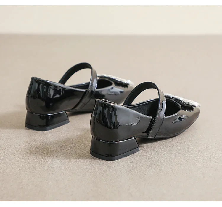 Patent Leather Mary Jane Shoes with Thick Heel and Square Buckle