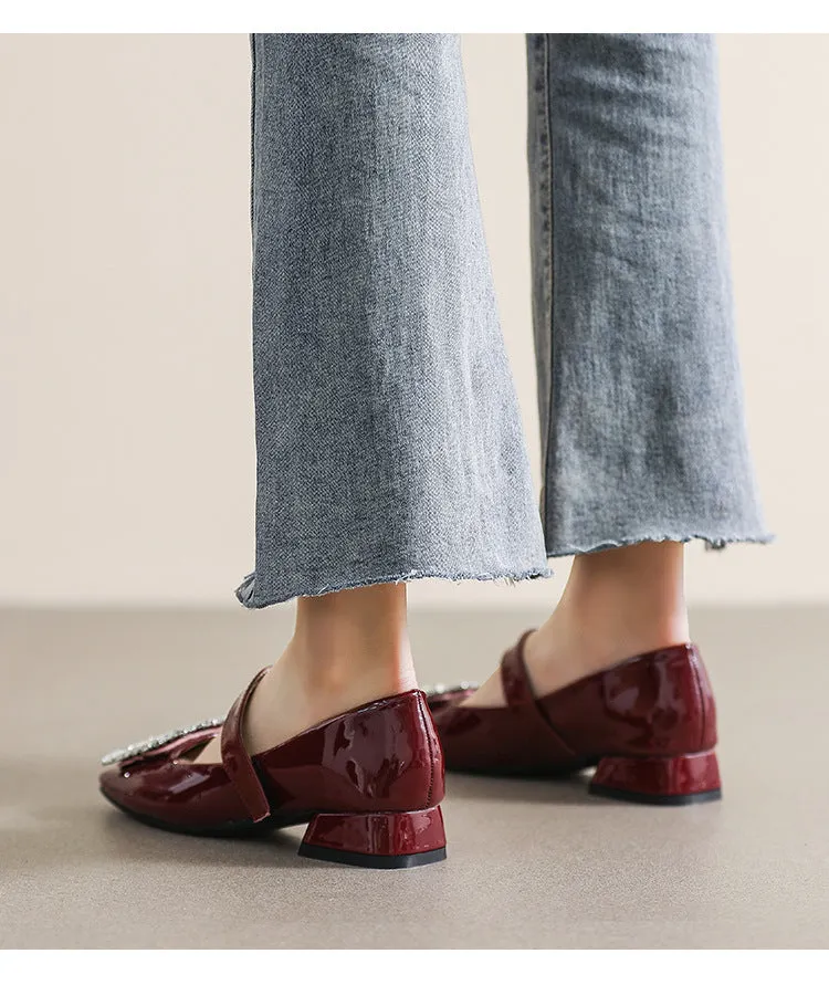 Patent Leather Mary Jane Shoes with Thick Heel and Square Buckle