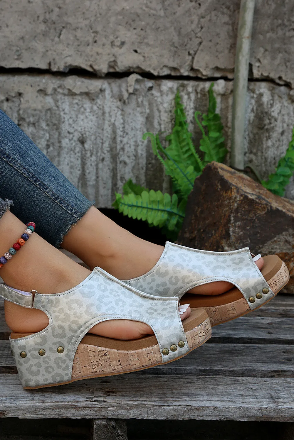 Pattern Cut Out Velcro Strap Wedge Sandals