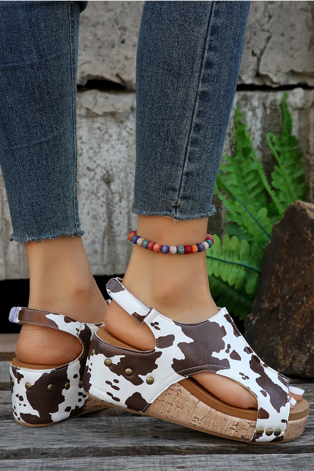 Pattern Cut Out Velcro Strap Wedge Sandals