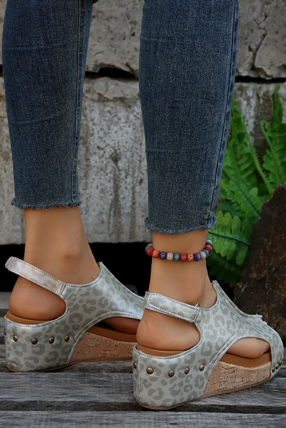 Pattern Cut Out Velcro Strap Wedge Sandals