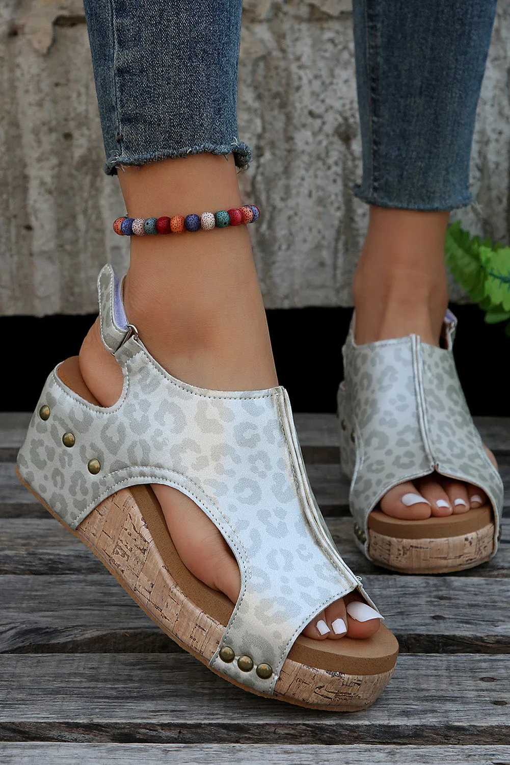 Pattern Cut Out Velcro Strap Wedge Sandals