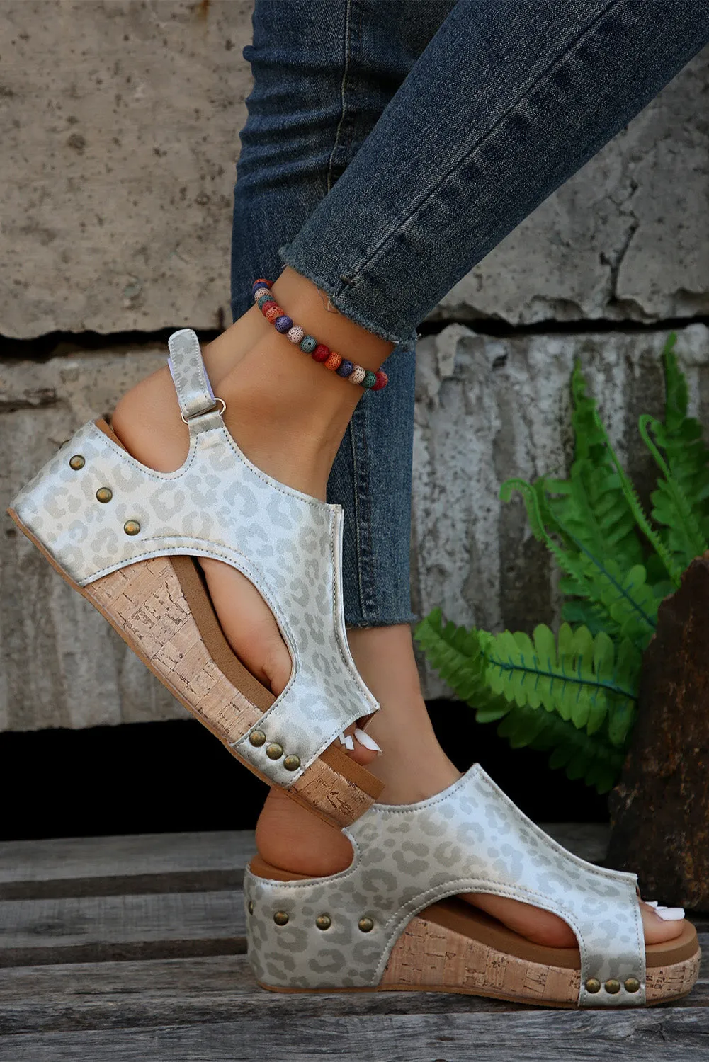 Pattern Cut Out Velcro Strap Wedge Sandals