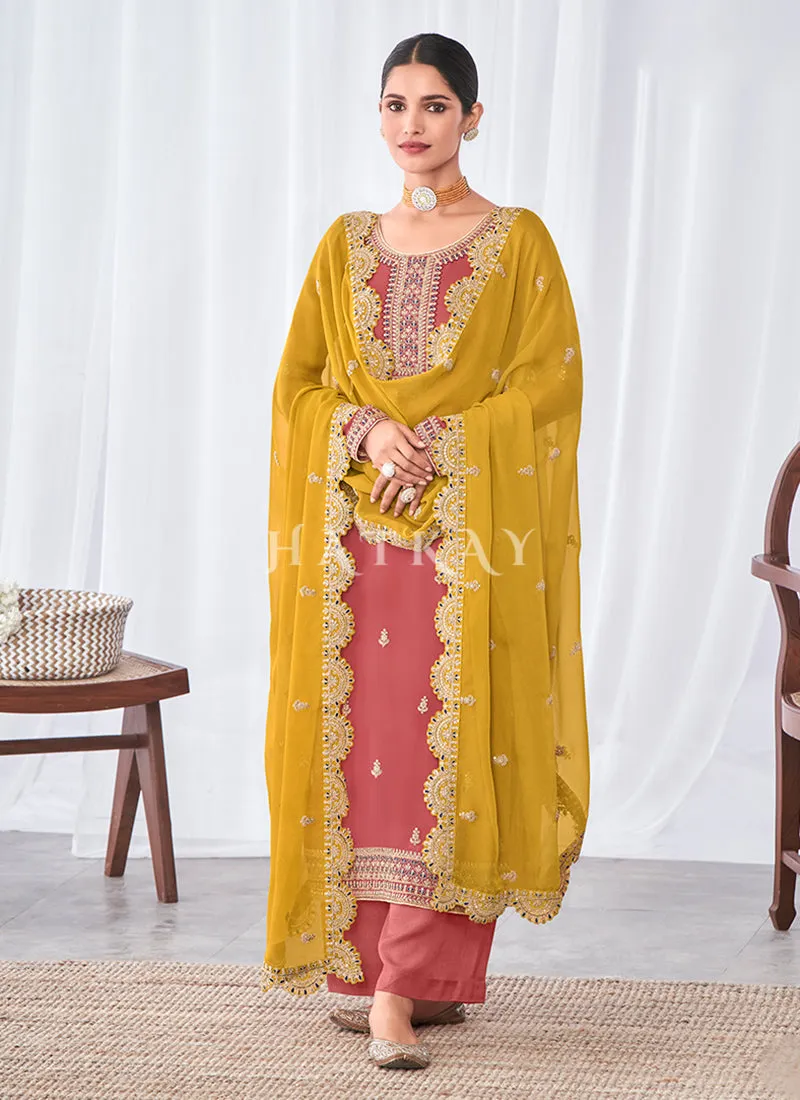 Peach And Yellow Straight Pant Suit